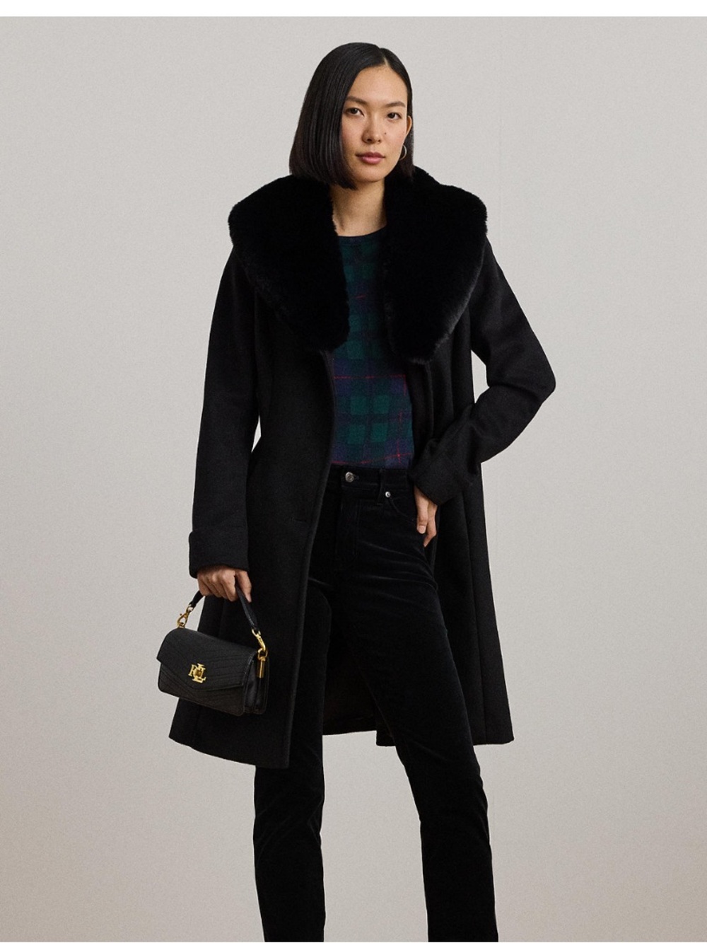 Lauren Ralph Lauren Black Wool Pea Coat with Faux Fur Trim
